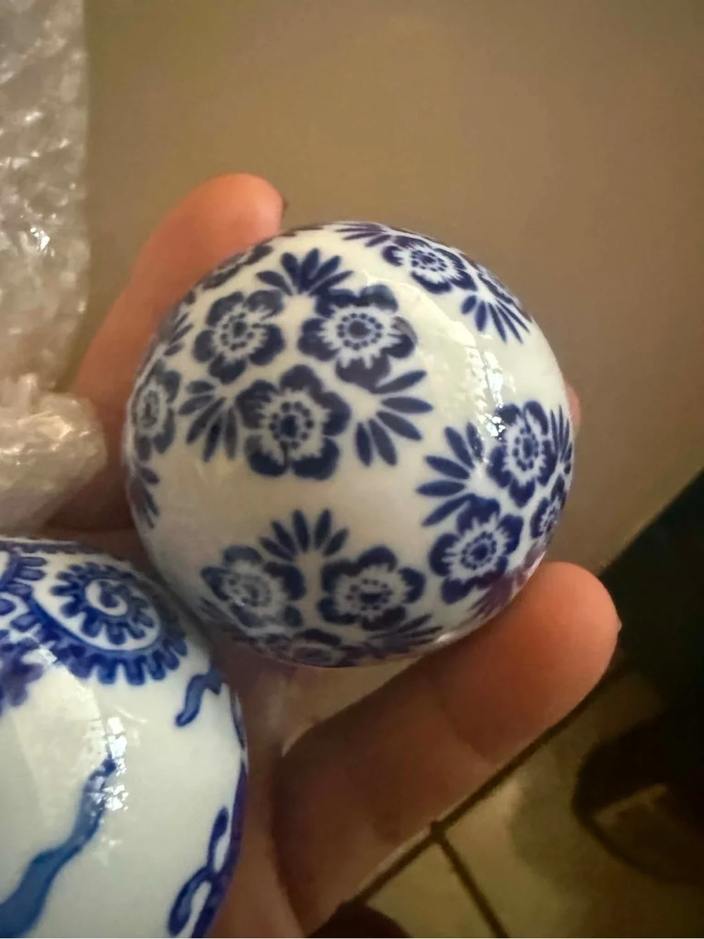 Blue and White Floral Decorative Ceramic Sphere